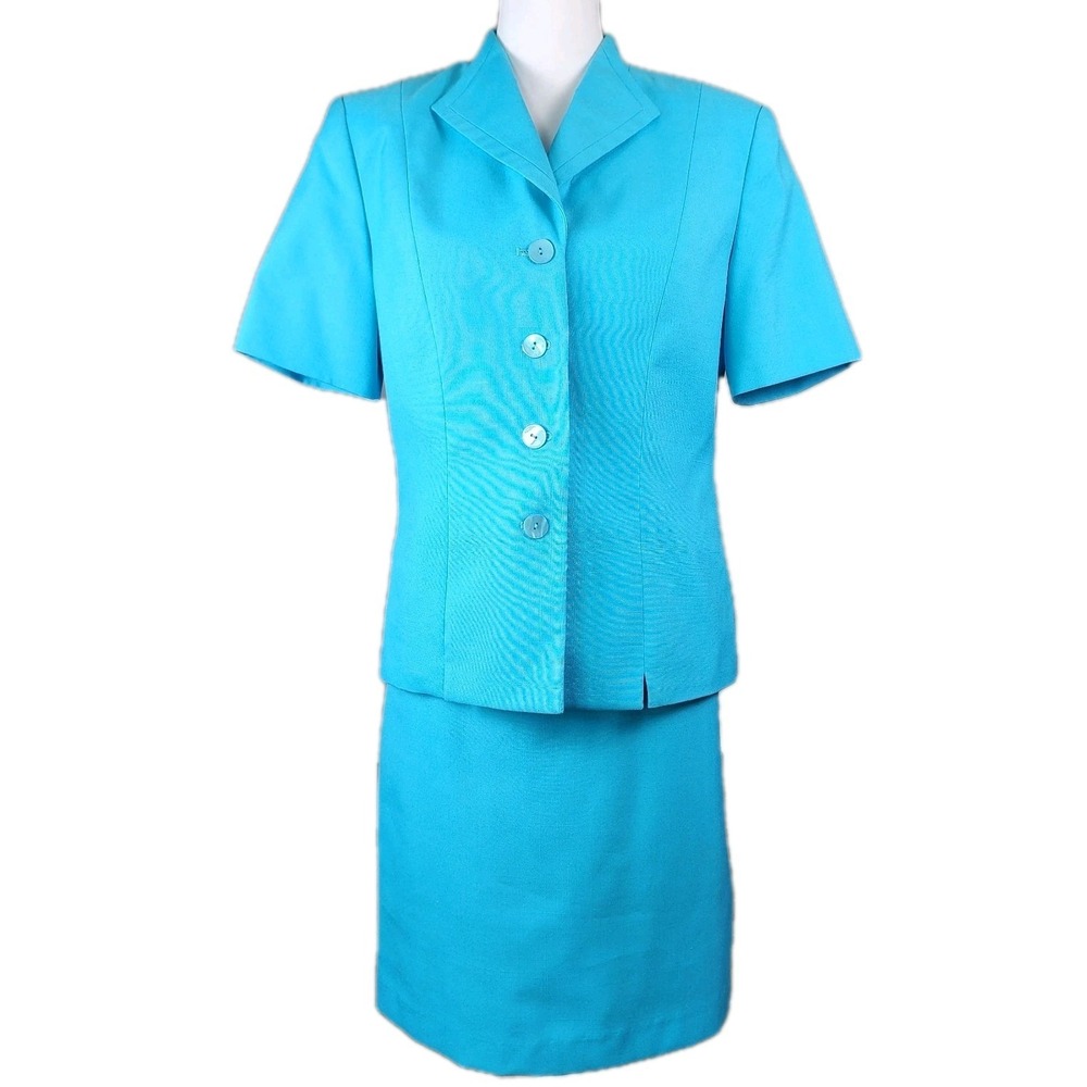 Le Suit Essentials 2pc Business Suit Womens 10P Aqua Blue Jacket + Skirt‎ Work